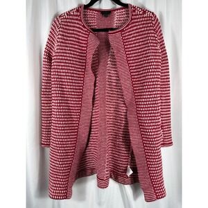 Talbots‎ Red White Geometric Pattern Pure Merino Wool Open Front Sweater M